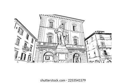 Building view with landmark of Pisa is a city in Italy. Hand drawn sketch illustration in vector.