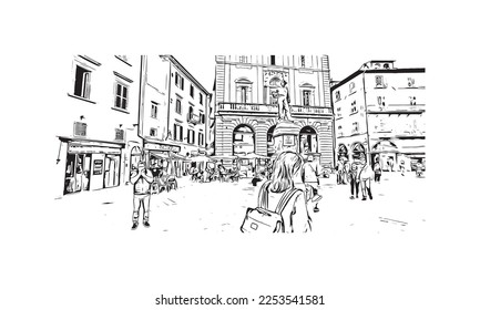 Building view with landmark of Pisa is a city in Italy. Hand drawn sketch illustration in vector.