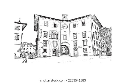 Building view with landmark of Pisa is a city in Italy. Hand drawn sketch illustration in vector.