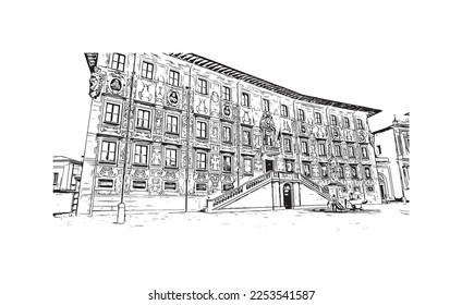 Building view with landmark of Pisa is a city in Italy. Hand drawn sketch illustration in vector.