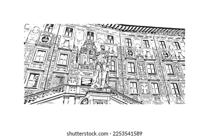 Building view with landmark of Pisa is a city in Italy. Hand drawn sketch illustration in vector.