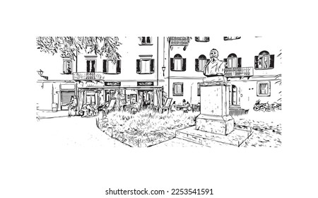 Building view with landmark of Pisa is a city in Italy. Hand drawn sketch illustration in vector.