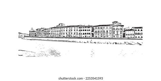 Building view with landmark of Pisa is a city in Italy. Hand drawn sketch illustration in vector.