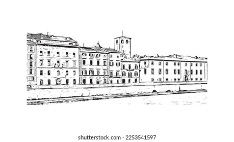 Building view with landmark of Pisa is a city in Italy. Hand drawn sketch illustration in vector.