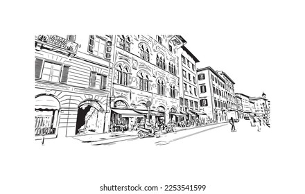 Building view with landmark of Pisa is a city in Italy. Hand drawn sketch illustration in vector.