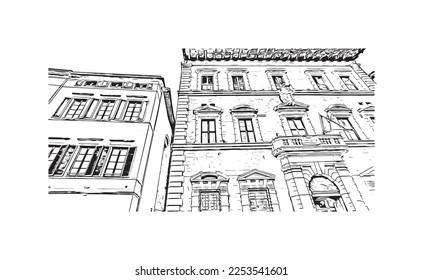 Building view with landmark of Pisa is a city in Italy. Hand drawn sketch illustration in vector.