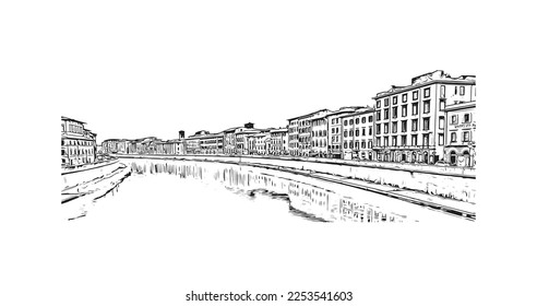 Building view with landmark of Pisa is a city in Italy. Hand drawn sketch illustration in vector.