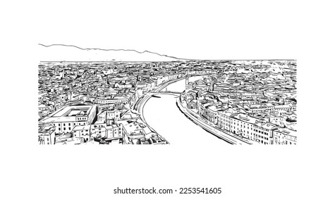 Building view with landmark of Pisa is a city in Italy. Hand drawn sketch illustration in vector.