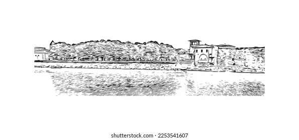 Building view with landmark of Pisa is a city in Italy. Hand drawn sketch illustration in vector.