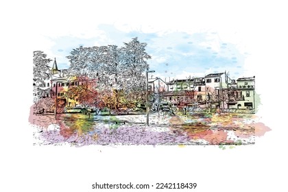 Building view with landmark of Pistoia is a city in Italy. Watercolor splash with hand drawn sketch illustration in vector.