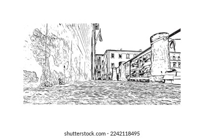 Building view with landmark of Pistoia is a city in Italy. Hand drawn sketch illustration in vector.