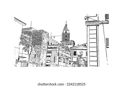 Building view with landmark of Pistoia is a city in Italy. Hand drawn sketch illustration in vector.