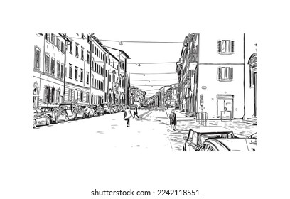 Building view with landmark of Pistoia is a city in Italy. Hand drawn sketch illustration in vector.