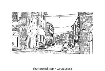 Building view with landmark of Pistoia is a city in Italy. Hand drawn sketch illustration in vector.