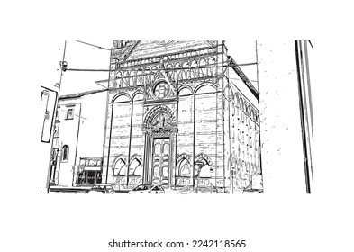 Building view with landmark of Pistoia is a city in Italy. Hand drawn sketch illustration in vector.