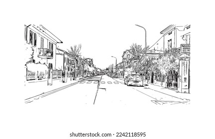 Building view with landmark of Pistoia is a city in Italy. Hand drawn sketch illustration in vector.