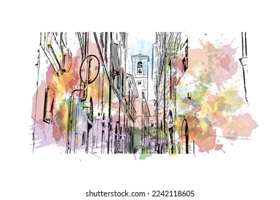 Building view with landmark of Pistoia is a city in Italy. Watercolor splash with hand drawn sketch illustration in vector.