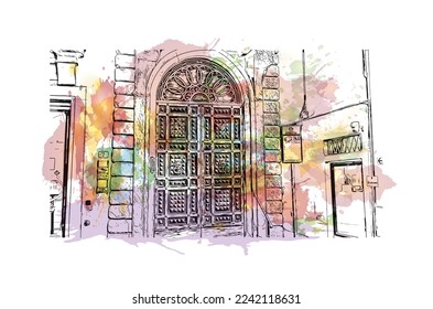 Building view with landmark of Pistoia is a city in Italy. Watercolor splash with hand drawn sketch illustration in vector.