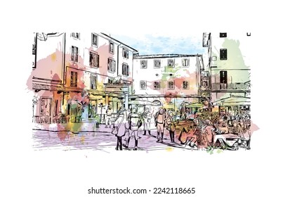 Building view with landmark of Pistoia is a city in Italy. Watercolor splash with hand drawn sketch illustration in vector.