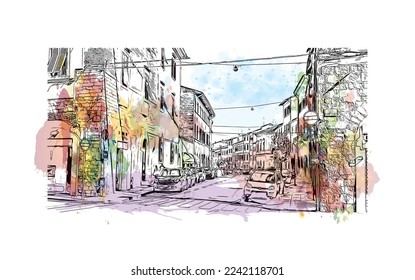 Building view with landmark of Pistoia is a city in Italy. Watercolor splash with hand drawn sketch illustration in vector.