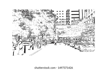 Building view with landmark of Pittsburgh is a city in western Pennsylvania at the junction of 3 rivers. Hand drawn sketch illustration in vector.