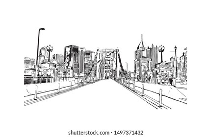Building view with landmark of Pittsburgh is a city in western Pennsylvania at the junction of 3 rivers. Hand drawn sketch illustration in vector.
