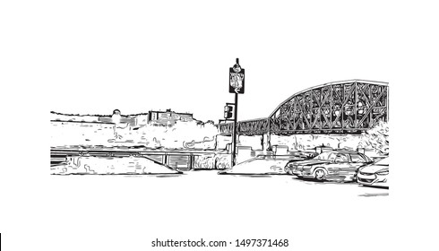 Building view with landmark of Pittsburgh is a city in western Pennsylvania at the junction of 3 rivers. Hand drawn sketch illustration in vector.