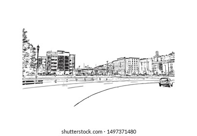 Building view with landmark of Pittsburgh is a city in western Pennsylvania at the junction of 3 rivers. Hand drawn sketch illustration in vector.