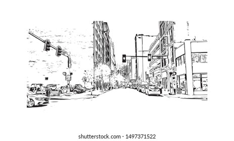 Building view with landmark of Pittsburgh is a city in western Pennsylvania at the junction of 3 rivers. Hand drawn sketch illustration in vector.