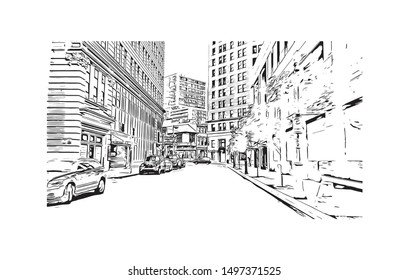 Building view with landmark of Pittsburgh is a city in western Pennsylvania at the junction of 3 rivers. Hand drawn sketch illustration in vector.