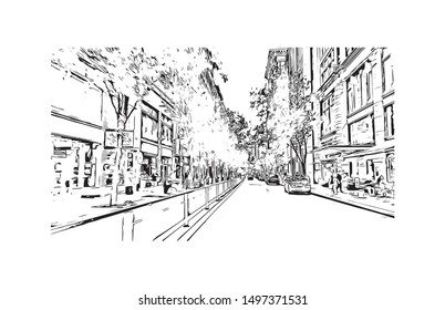 Building view with landmark of Pittsburgh is a city in western Pennsylvania at the junction of 3 rivers. Hand drawn sketch illustration in vector.