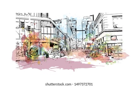 Building view with landmark of Pittsburgh is a city in western Pennsylvania at the junction of 3 rivers. Watercolor splash with Hand drawn sketch illustration in vector.