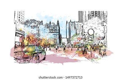 Building view with landmark of Pittsburgh is a city in western Pennsylvania at the junction of 3 rivers. Watercolor splash with Hand drawn sketch illustration in vector.