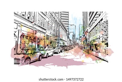 Building view with landmark of Pittsburgh is a city in western Pennsylvania at the junction of 3 rivers. Watercolor splash with Hand drawn sketch illustration in vector.