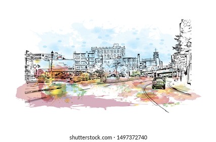 Building view with landmark of Pittsburgh is a city in western Pennsylvania at the junction of 3 rivers. Watercolor splash with Hand drawn sketch illustration in vector.