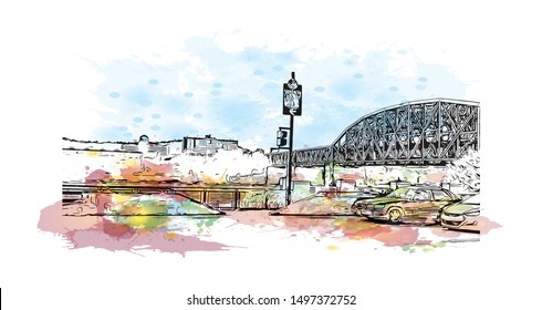 Building view with landmark of Pittsburgh is a city in western Pennsylvania at the junction of 3 rivers. Watercolor splash with Hand drawn sketch illustration in vector.