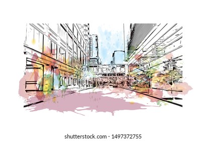 Building view with landmark of Pittsburgh is a city in western Pennsylvania at the junction of 3 rivers. Watercolor splash with Hand drawn sketch illustration in vector.