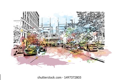 Building view with landmark of Pittsburgh is a city in western Pennsylvania at the junction of 3 rivers. Watercolor splash with Hand drawn sketch illustration in vector.
