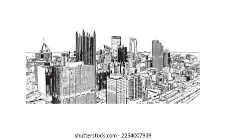 Building view with landmark of Pittsburgh is a city in western Pennsylvania. Hand drawn sketch illustration in vector.