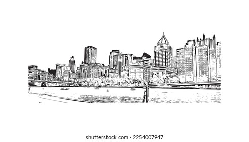 Building view with landmark of Pittsburgh is a city in western Pennsylvania. Hand drawn sketch illustration in vector.