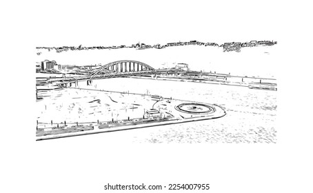 Building view with landmark of Pittsburgh is a city in western Pennsylvania. Hand drawn sketch illustration in vector.