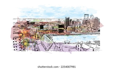 Building view with landmark of Pittsburgh is a city in western Pennsylvania. Watercolor splash with hand drawn sketch illustration in vector.