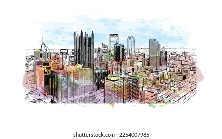 Building view with landmark of Pittsburgh is a city in western Pennsylvania. Watercolor splash with hand drawn sketch illustration in vector.