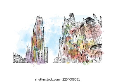 Building view with landmark of Pittsburgh is a city in western Pennsylvania. Watercolor splash with hand drawn sketch illustration in vector.