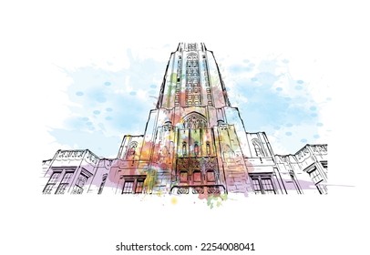 Building view with landmark of Pittsburgh is a city in western Pennsylvania. Watercolor splash with hand drawn sketch illustration in vector.