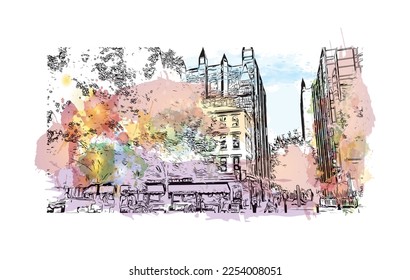 Building view with landmark of Pittsburgh is a city in western Pennsylvania. Watercolor splash with hand drawn sketch illustration in vector.