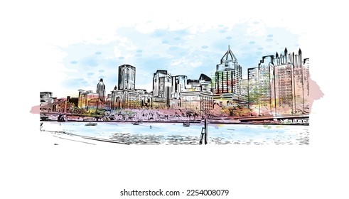 Building view with landmark of Pittsburgh is a city in western Pennsylvania. Watercolor splash with hand drawn sketch illustration in vector.