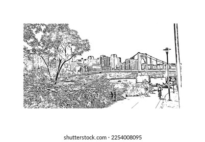 Building view with landmark of Pittsburgh is a city in western Pennsylvania. Hand drawn sketch illustration in vector.