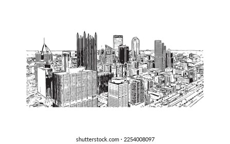 Building view with landmark of Pittsburgh is a city in western Pennsylvania. Hand drawn sketch illustration in vector.