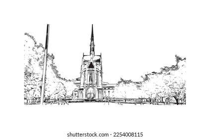 Building view with landmark of Pittsburgh is a city in western Pennsylvania. Hand drawn sketch illustration in vector.